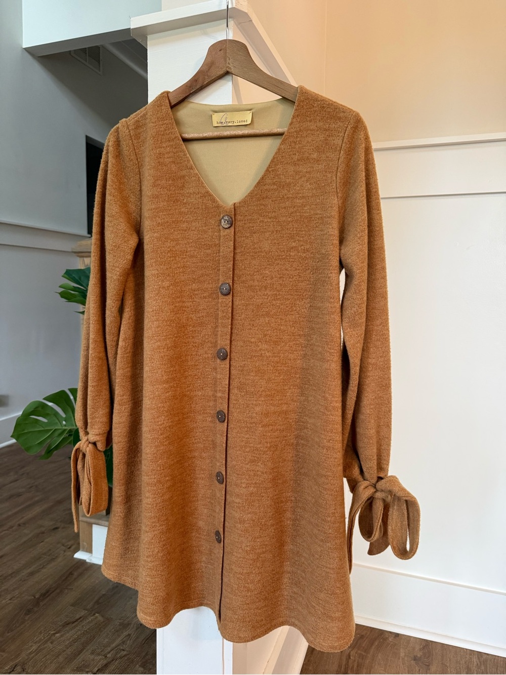 Women's V-Neck Button Front Dress in Camel